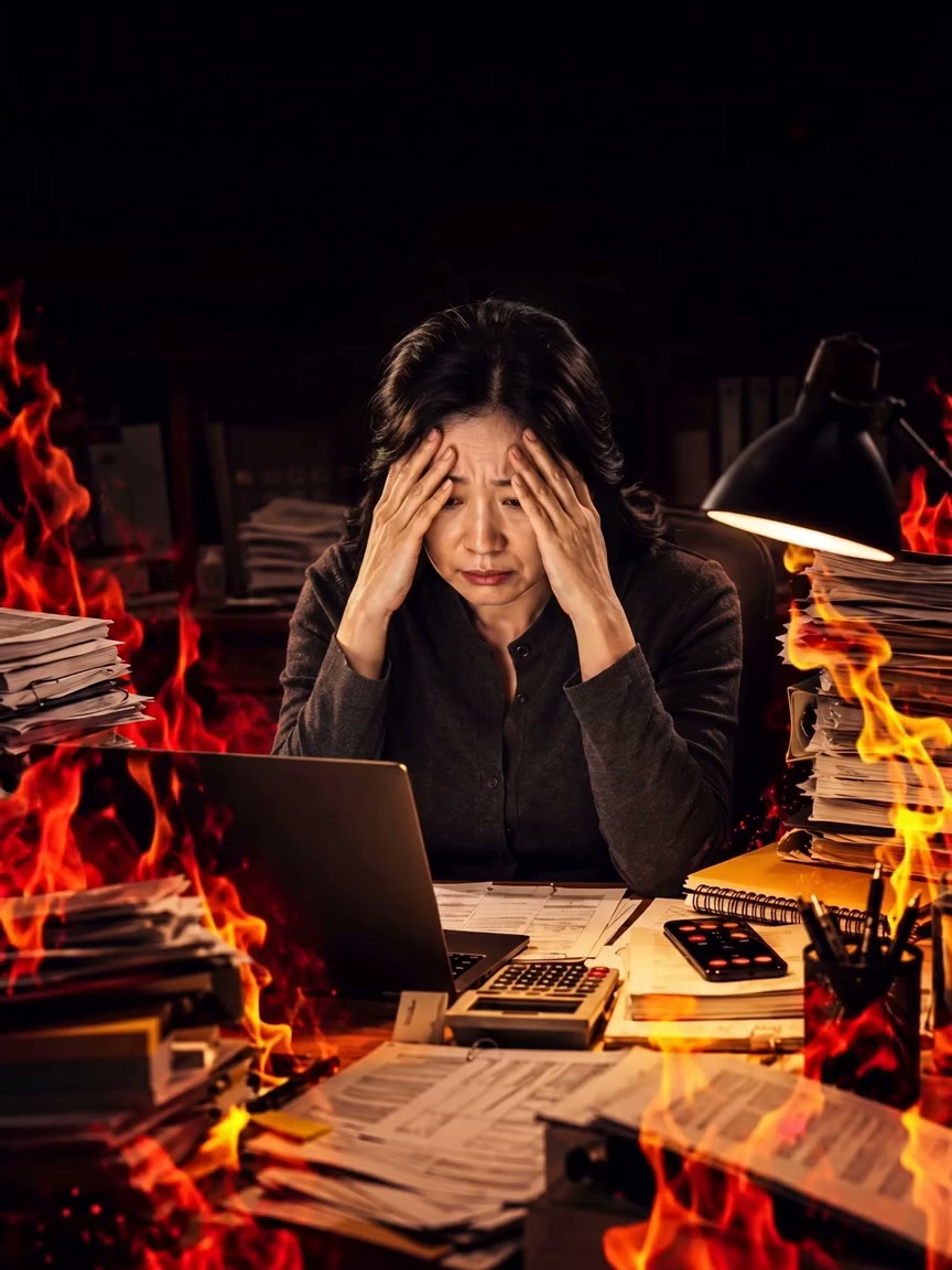 서류 더미 앞에서 괴로운 표정으로 이마를 짚은 원장님. 영상에서는 양손을 내려 눈을 가리고 주변 불꽃이 일렁입니다.